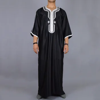 2023 גברים ארוך חולצה מקרית נוער רגילים מוסלמי שחור רקום החלוק של גברים המזרח התיכון הערביות דובאי קטאר Jubba Thobe