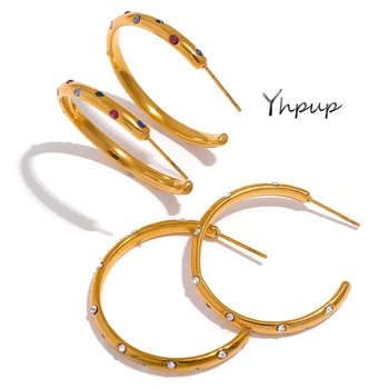 Yhpup נירוסטה עיגול גדול עגילי חישוק עדינים זרקונים אופנה PVD-18k מצופה גיאומטריות זהב עגילים