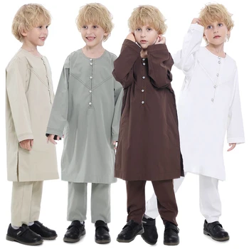 המוסלמים בגדי ילדים ילד Thobe סטים עיד רגיל הערבי בני נוער Abaya Jubba Thobe החלוק מכנסיים עם כיס תלבושות ילדים גלימה חליפה