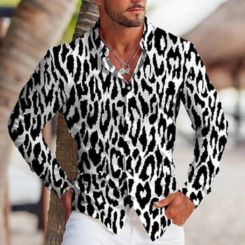 בציר אופנה חולצות לגברים קליל עם הדפס של נמר גדול שרוול ארוך הכפתור העליון Mens מעצב בגדים camisas y blusas חדש