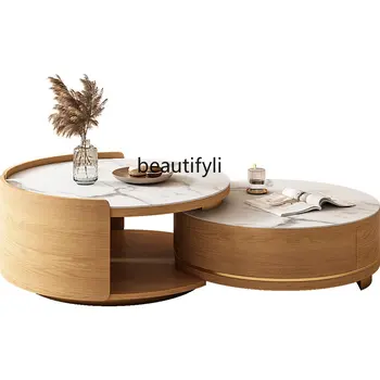 zq נורדי יומן סגנון אבן צלחת שולחן הקפה בסלון פשוטה גבוה ונמוך סיבוב טלסקופי תה שולחן משולב
